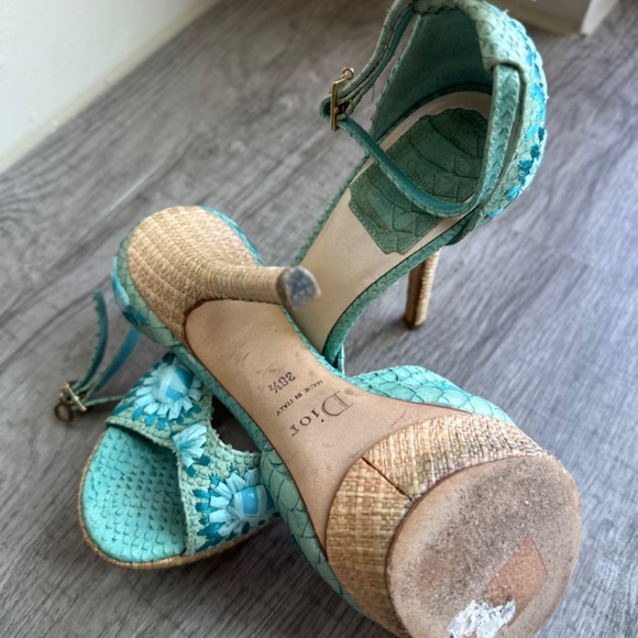 Dior Blue Snakeskin Leather and Floral Straw Logo Charm Slingback - Picture 4 of 4